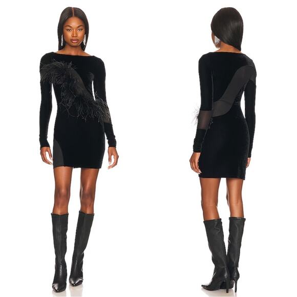 Camila Coelho Florence Long Sleeve Feather Mesh Bodycon Mini Dress Size XXS - Picture 1 of 7